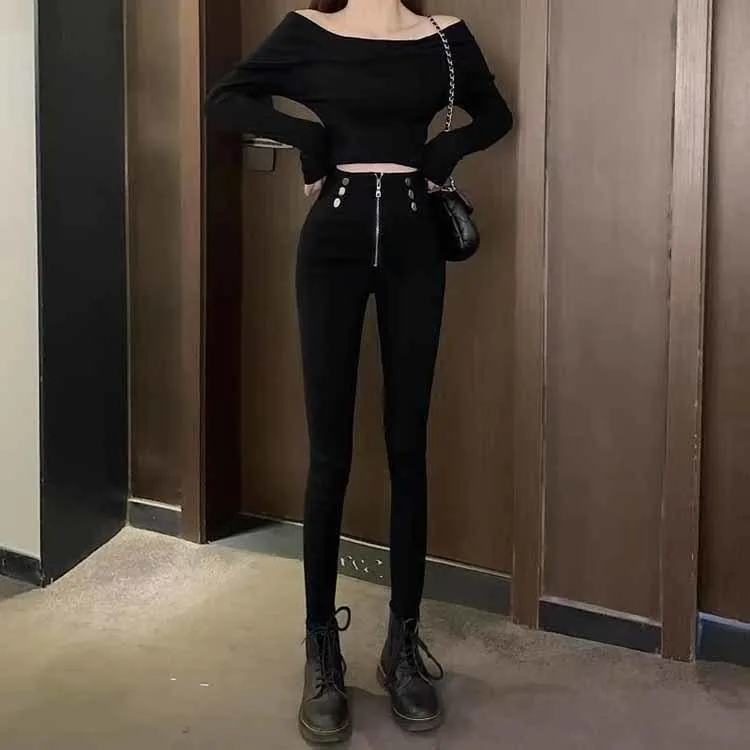 Casual Stretch Pants with Elastic High Waist and Metal Buttons