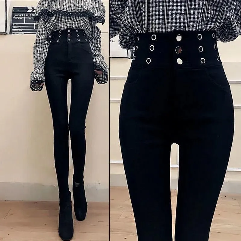 Casual Stretch Pants with Elastic High Waist and Metal Buttons