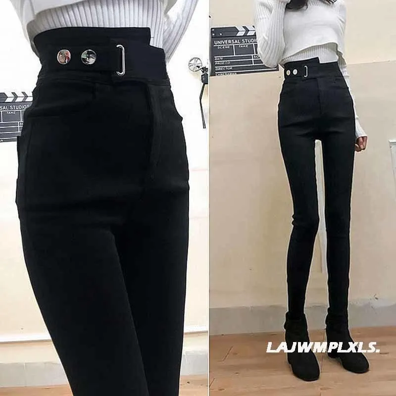 Casual Stretch Pants with Elastic High Waist and Metal Buttons
