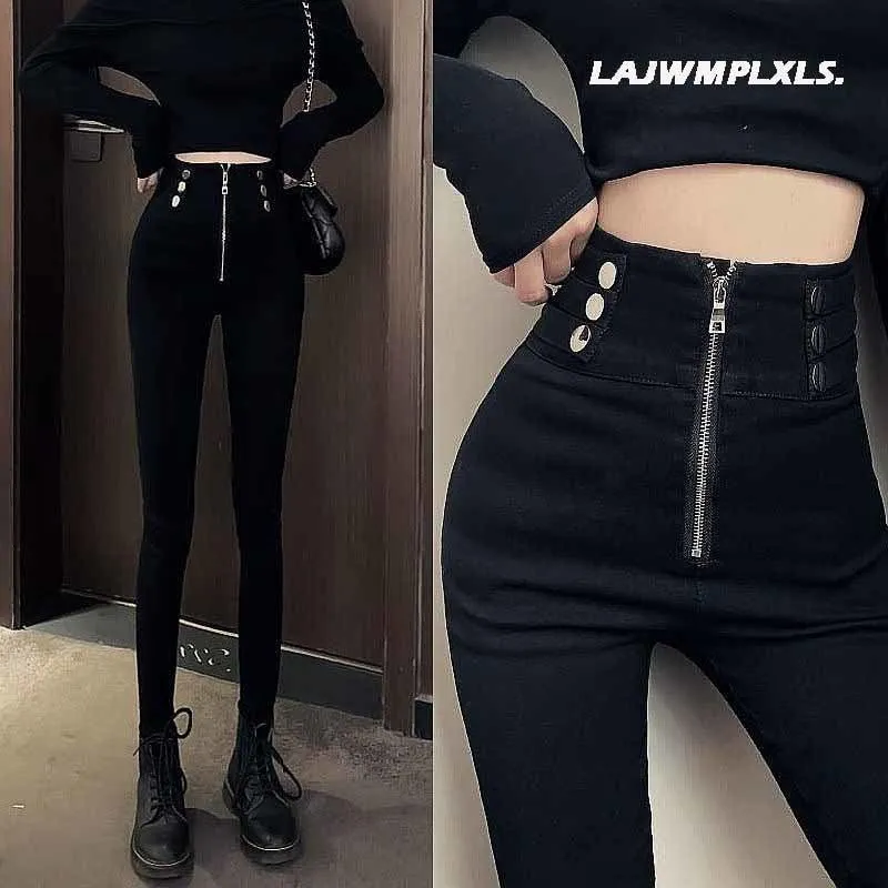 Casual Stretch Pants with Elastic High Waist and Metal Buttons