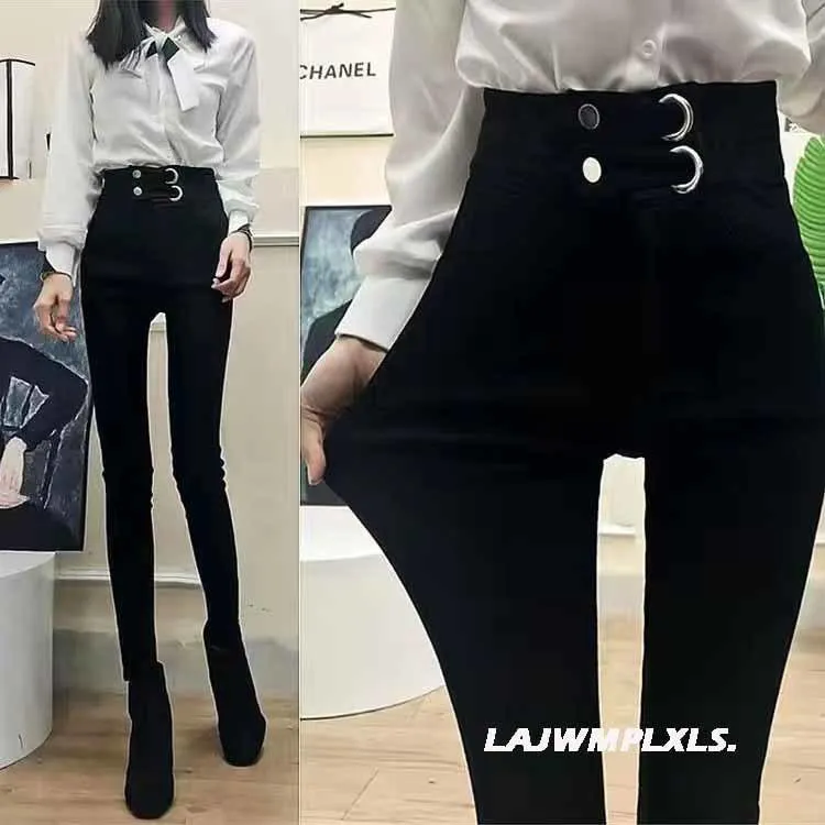 Casual Stretch Pants with Elastic High Waist and Metal Buttons