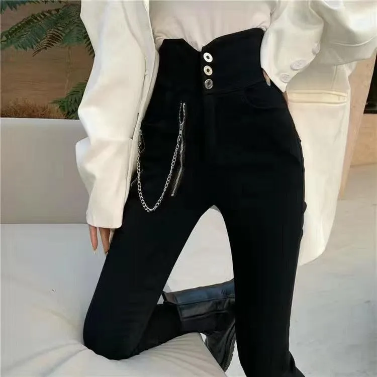 Casual Stretch Pants with Elastic High Waist and Metal Buttons