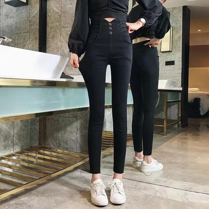 Casual Stretch Pants with Elastic High Waist and Metal Buttons