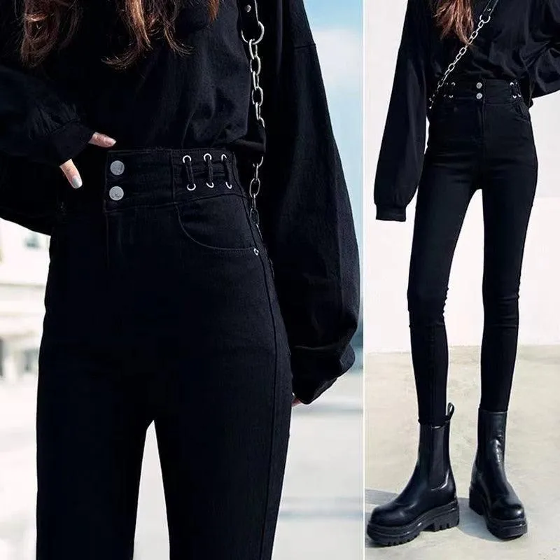Casual Stretch Pants with Elastic High Waist and Metal Buttons