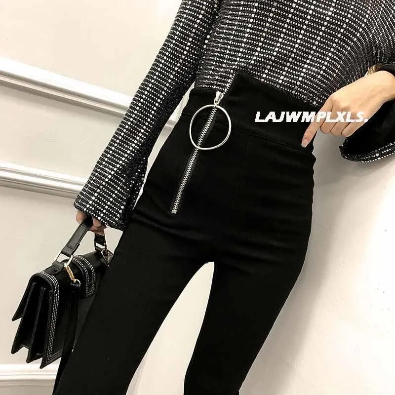Casual Stretch Pants with Elastic High Waist and Metal Buttons