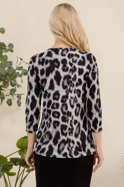 Celeste Full Size Leopard Round Neck Three-Quarter Sleeve T-Shirt