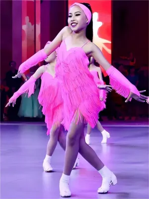Children's hot pink fringe performance Latin dance dresses for kids girls salsa rumba chacha ballrooom latin performance clothing