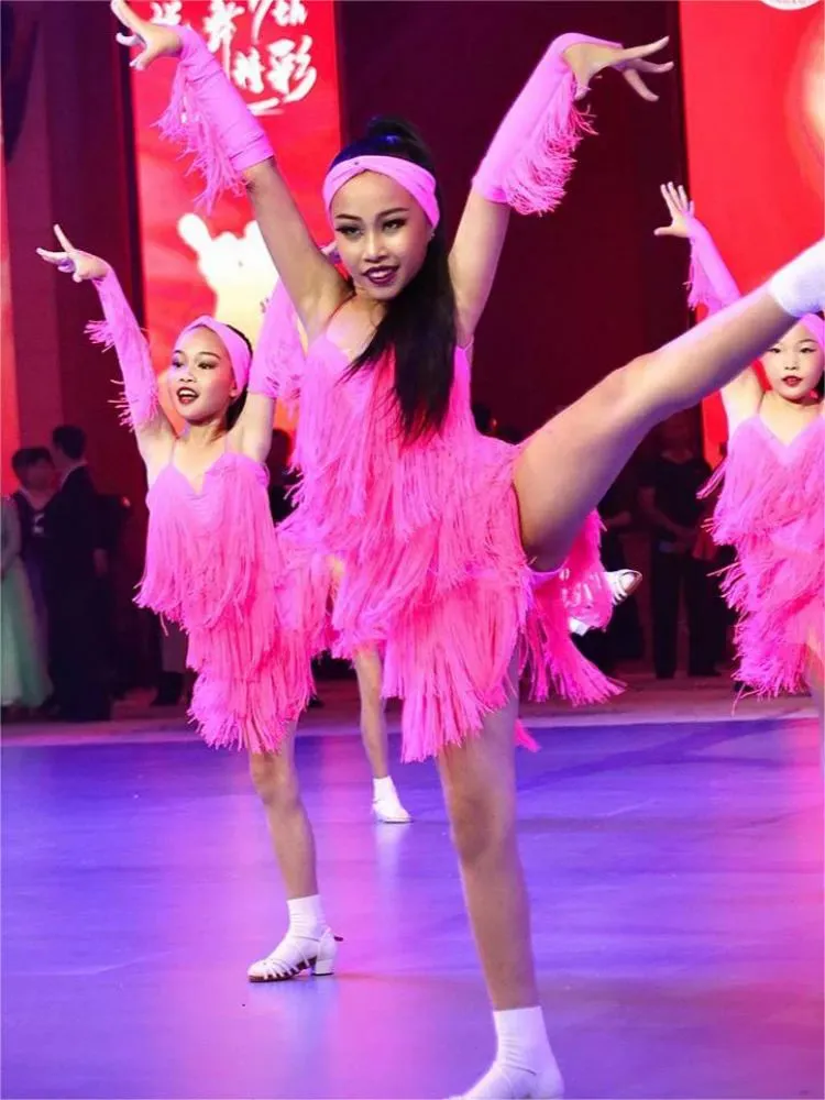 Children's hot pink fringe performance Latin dance dresses for kids girls salsa rumba chacha ballrooom latin performance clothing