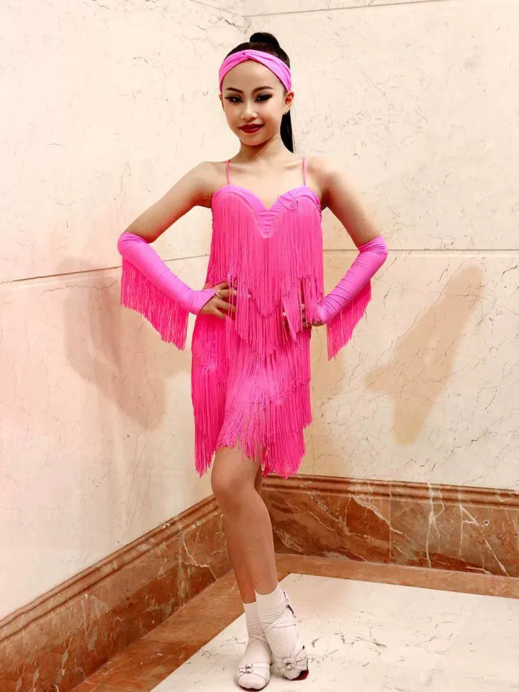 Children's hot pink fringe performance Latin dance dresses for kids girls salsa rumba chacha ballrooom latin performance clothing