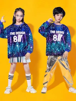 Children's Silver Blue Sequins Hip Hop Jazz Dance Costumes Boys Girls Street Dance Clothing Gogo Dancers Stage Performance Outfits for Kids
