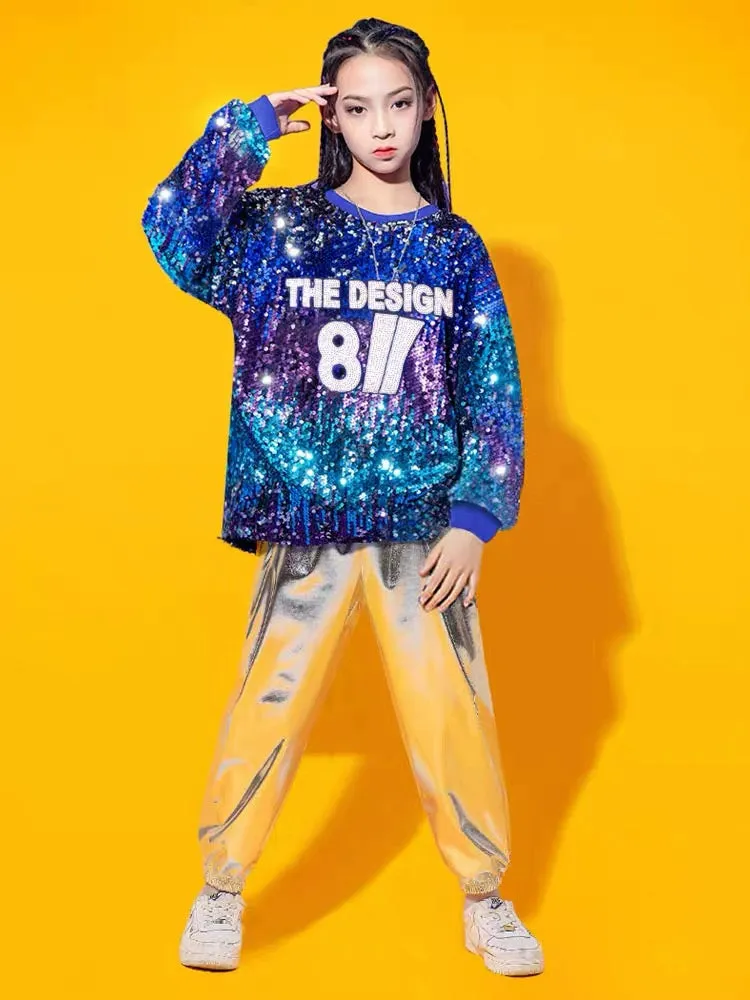 Children's Silver Blue Sequins Hip Hop Jazz Dance Costumes Boys Girls Street Dance Clothing Gogo Dancers Stage Performance Outfits for Kids