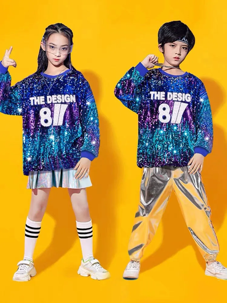 Children's Silver Blue Sequins Hip Hop Jazz Dance Costumes Boys Girls Street Dance Clothing Gogo Dancers Stage Performance Outfits for Kids