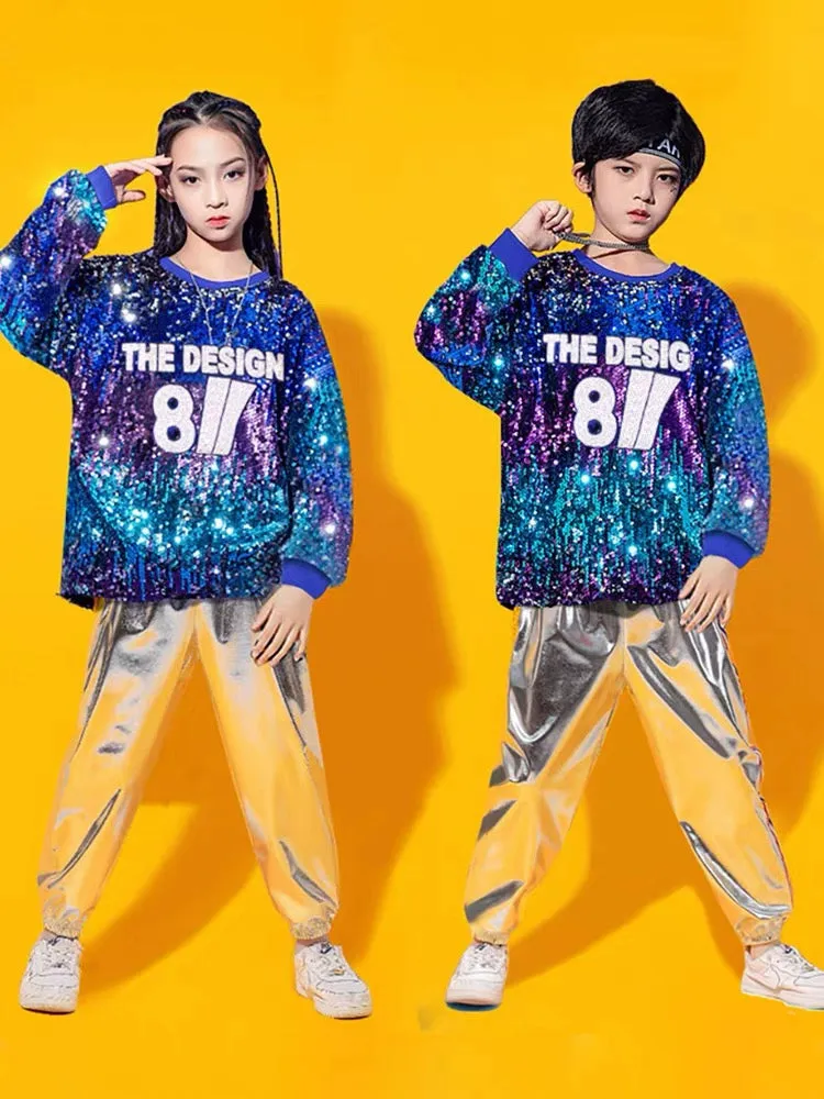 Children's Silver Blue Sequins Hip Hop Jazz Dance Costumes Boys Girls Street Dance Clothing Gogo Dancers Stage Performance Outfits for Kids