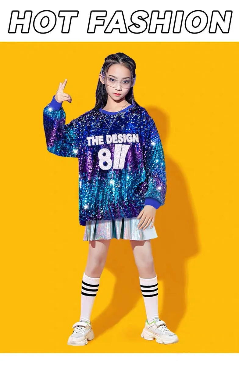 Children's Silver Blue Sequins Hip Hop Jazz Dance Costumes Boys Girls Street Dance Clothing Gogo Dancers Stage Performance Outfits for Kids