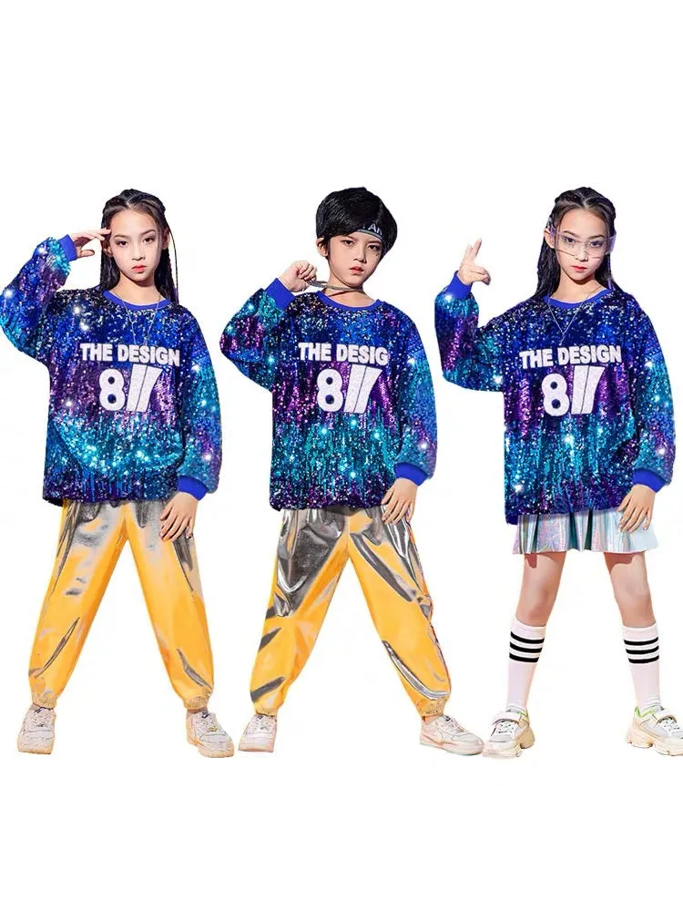 Children's Silver Blue Sequins Hip Hop Jazz Dance Costumes Boys Girls Street Dance Clothing Gogo Dancers Stage Performance Outfits for Kids