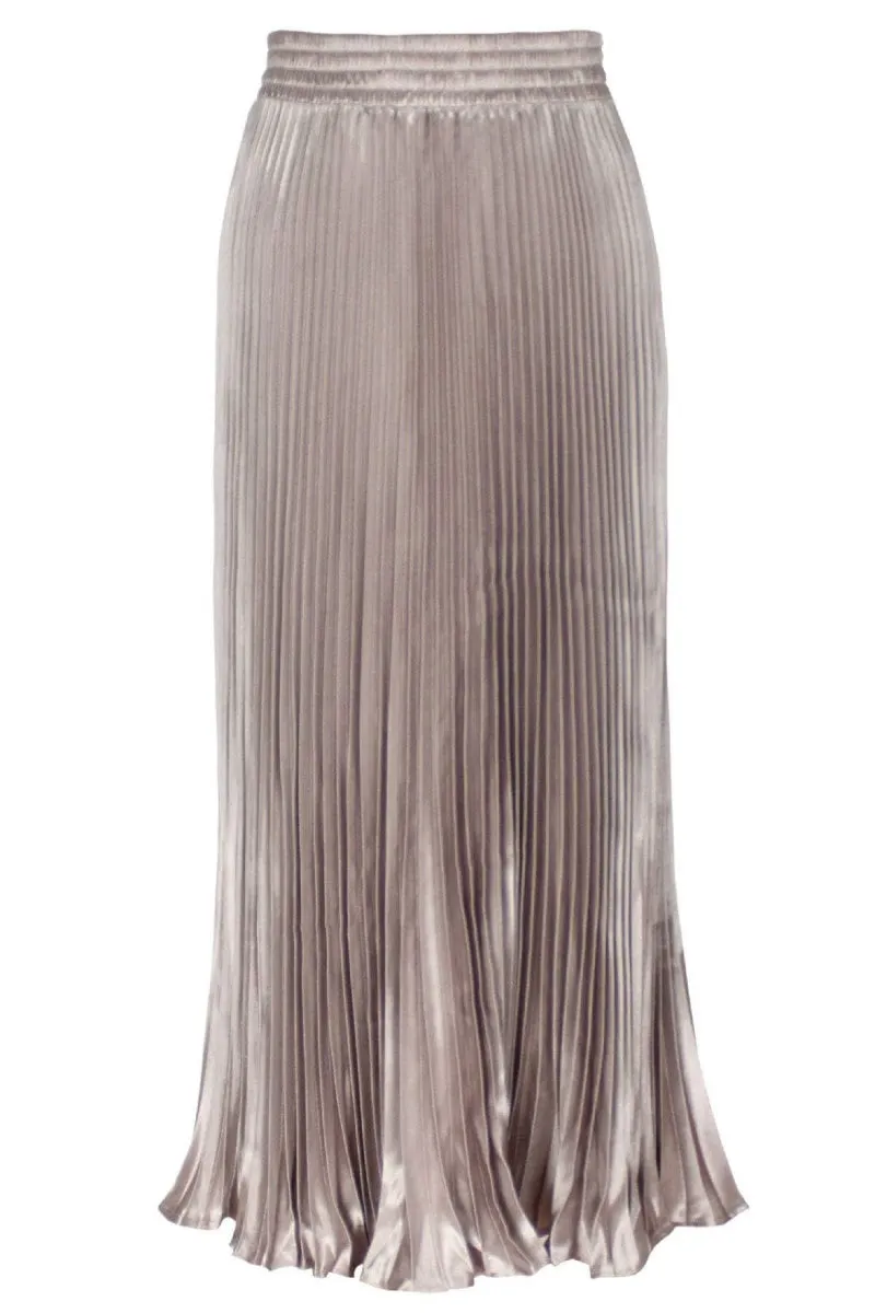 Chouyatou Women's Boho Satin Metallic Pleated Accordion Skirts Elastic High Waist Flowy A Line Shirring Maxi Long Skirt