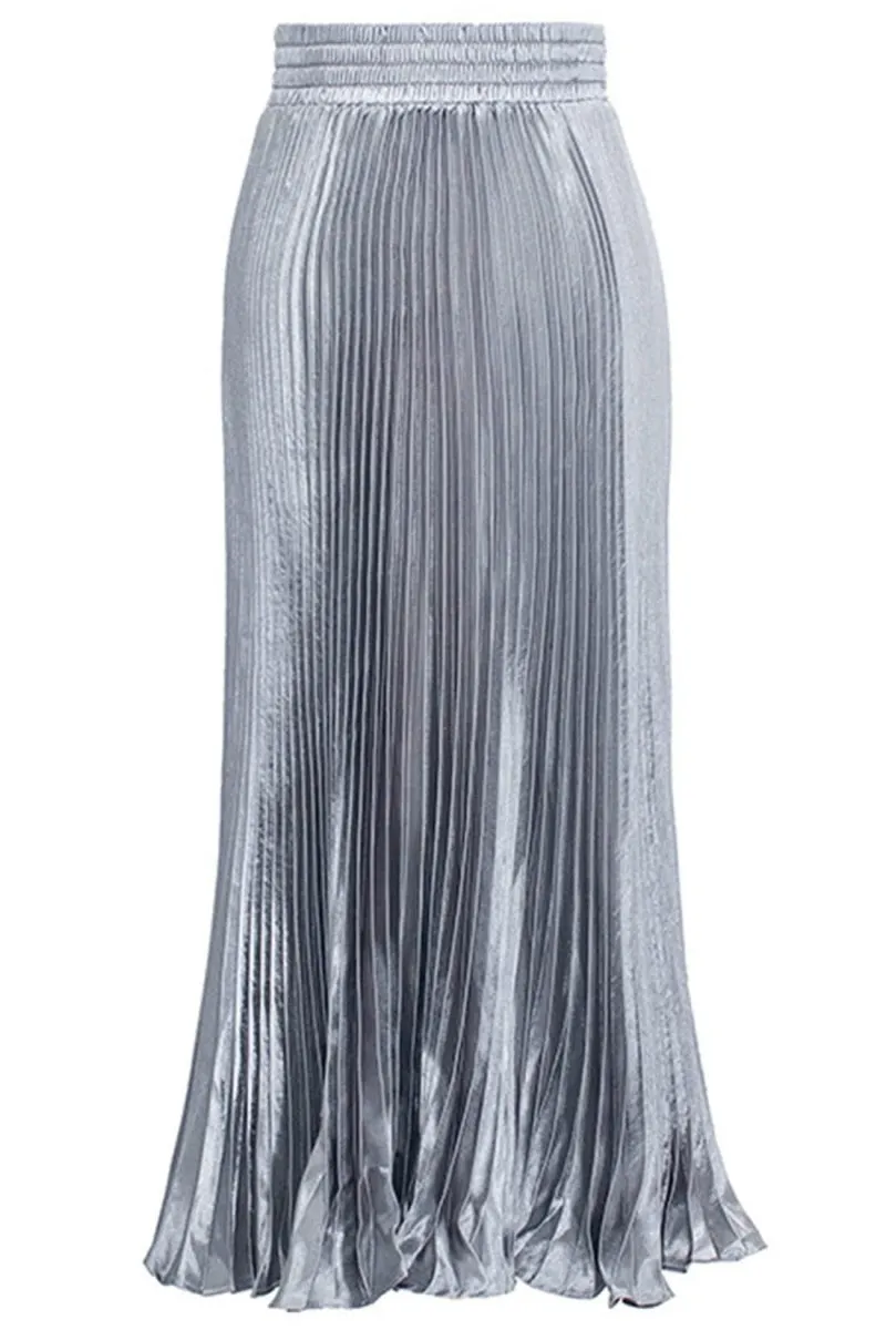 Chouyatou Women's Boho Satin Metallic Pleated Accordion Skirts Elastic High Waist Flowy A Line Shirring Maxi Long Skirt
