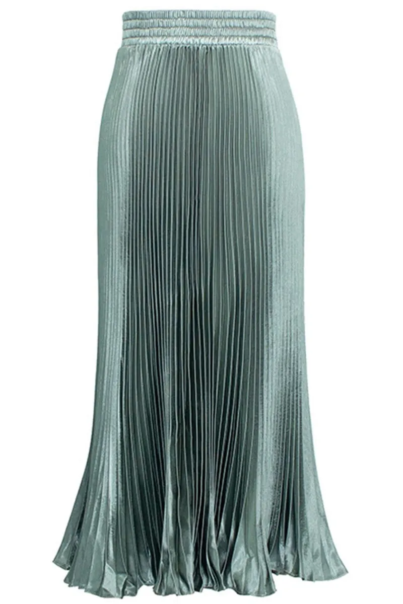 Chouyatou Women's Boho Satin Metallic Pleated Accordion Skirts Elastic High Waist Flowy A Line Shirring Maxi Long Skirt