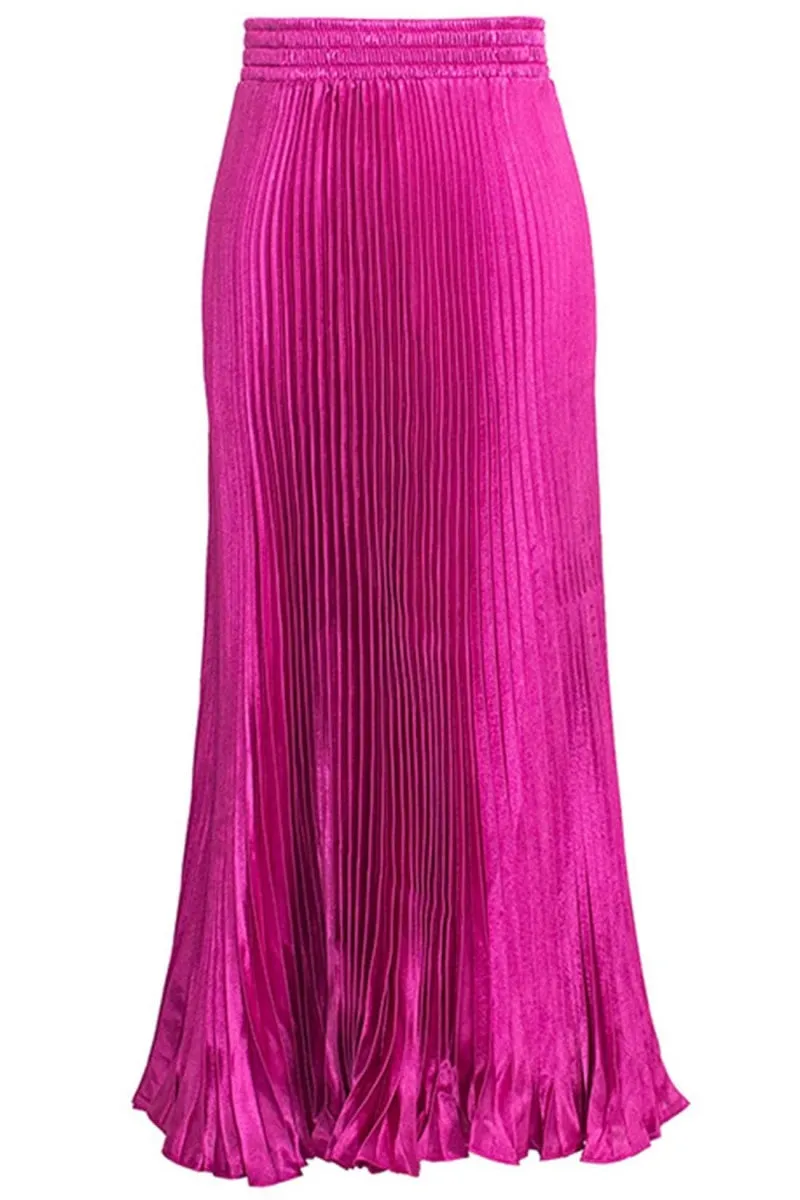 Chouyatou Women's Boho Satin Metallic Pleated Accordion Skirts Elastic High Waist Flowy A Line Shirring Maxi Long Skirt