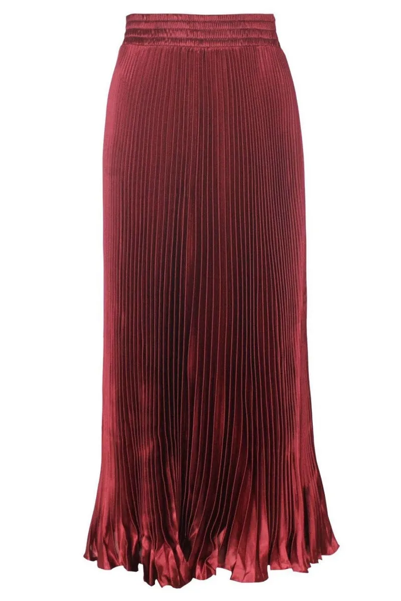 Chouyatou Women's Boho Satin Metallic Pleated Accordion Skirts Elastic High Waist Flowy A Line Shirring Maxi Long Skirt