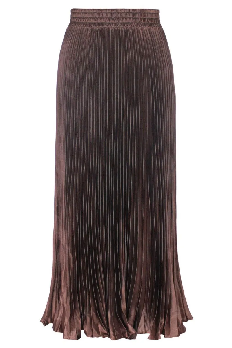 Chouyatou Women's Boho Satin Metallic Pleated Accordion Skirts Elastic High Waist Flowy A Line Shirring Maxi Long Skirt