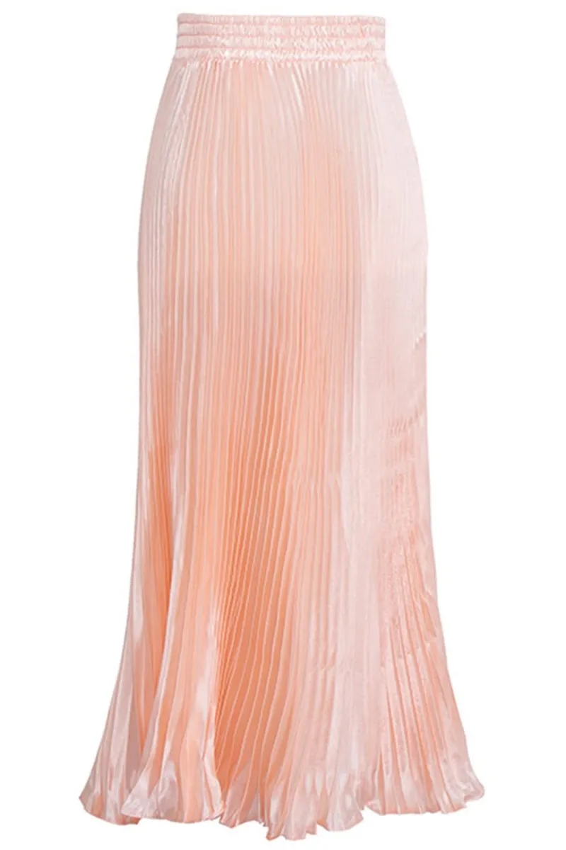 Chouyatou Women's Boho Satin Metallic Pleated Accordion Skirts Elastic High Waist Flowy A Line Shirring Maxi Long Skirt