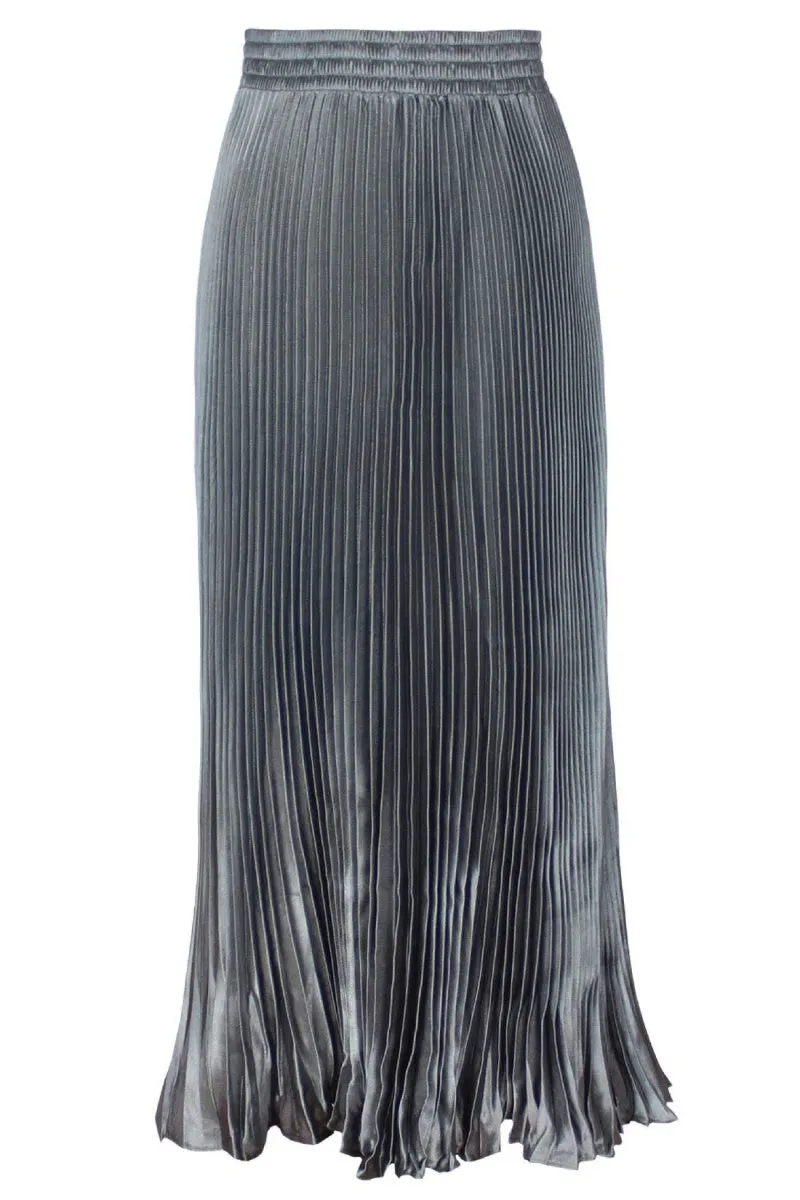 Chouyatou Women's Boho Satin Metallic Pleated Accordion Skirts Elastic High Waist Flowy A Line Shirring Maxi Long Skirt