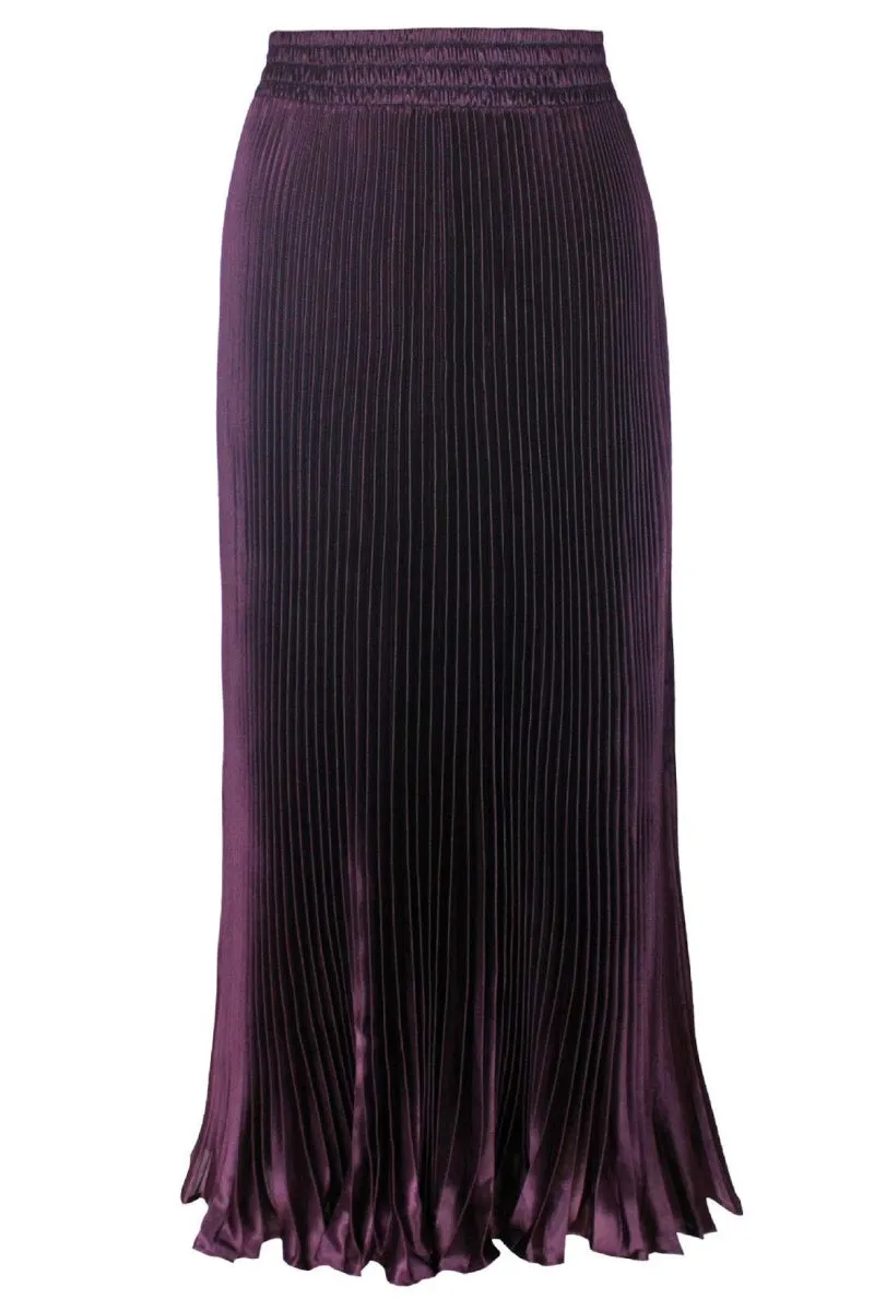 Chouyatou Women's Boho Satin Metallic Pleated Accordion Skirts Elastic High Waist Flowy A Line Shirring Maxi Long Skirt