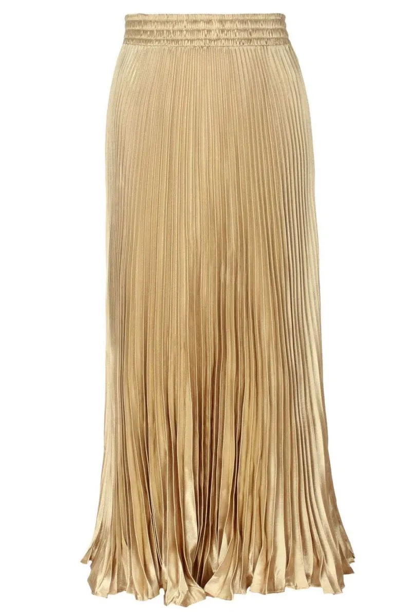 Chouyatou Women's Boho Satin Metallic Pleated Accordion Skirts Elastic High Waist Flowy A Line Shirring Maxi Long Skirt