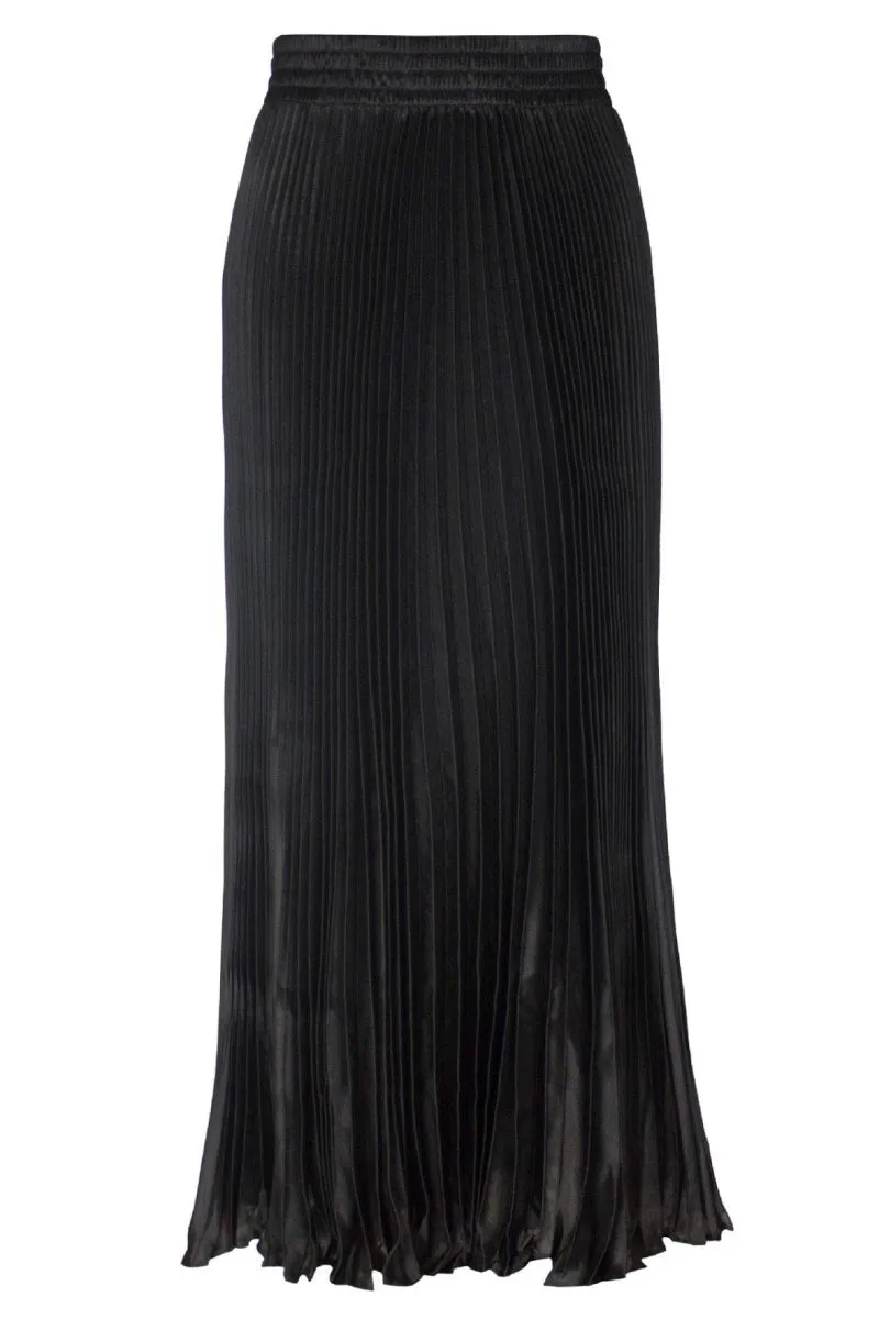 Chouyatou Women's Boho Satin Metallic Pleated Accordion Skirts Elastic High Waist Flowy A Line Shirring Maxi Long Skirt