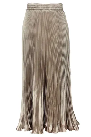 Chouyatou Women's Boho Satin Metallic Pleated Accordion Skirts Elastic High Waist Flowy A Line Shirring Maxi Long Skirt