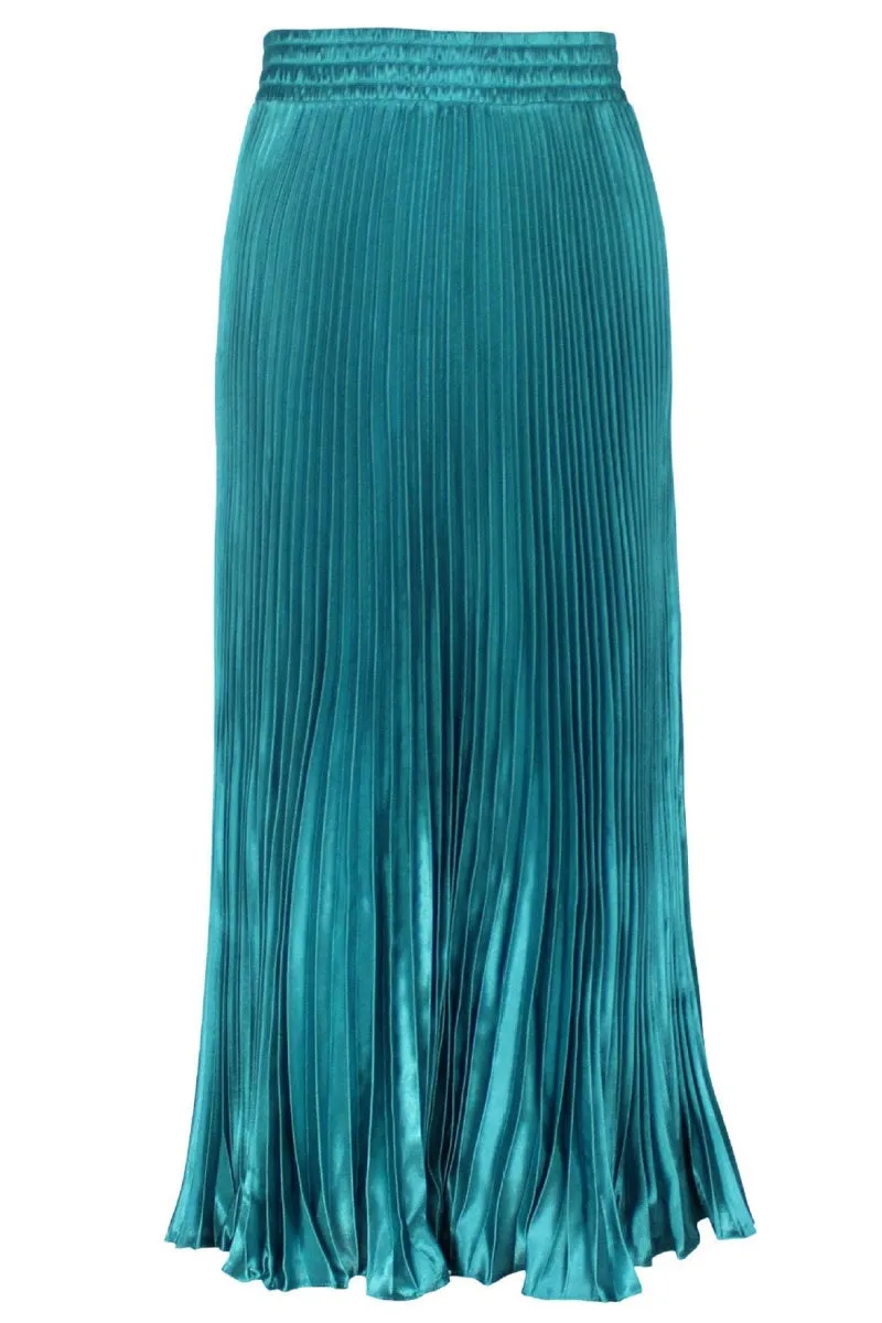 Chouyatou Women's Boho Satin Metallic Pleated Accordion Skirts Elastic High Waist Flowy A Line Shirring Maxi Long Skirt