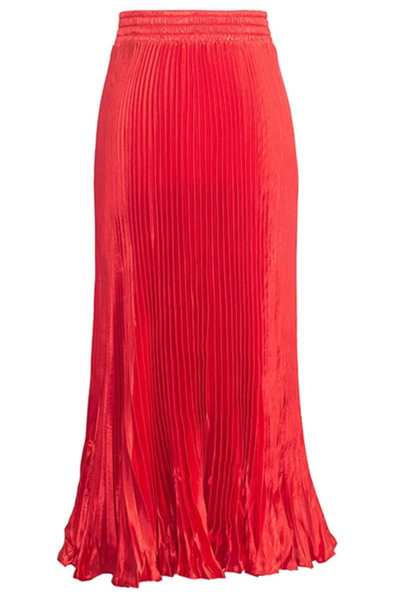 Chouyatou Women's Boho Satin Metallic Pleated Accordion Skirts Elastic High Waist Flowy A Line Shirring Maxi Long Skirt