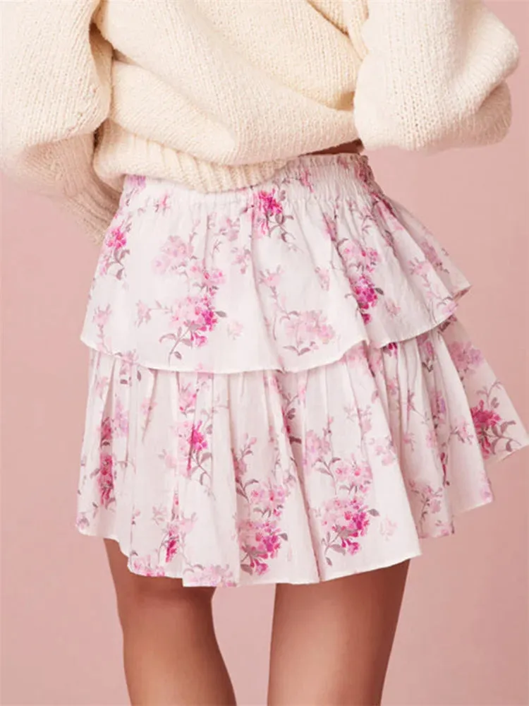 CHRONSTYLE Women Tiered Ruffle Short Mini Skirts Floral Print Elastic High Waist Floral Print Summer Retro Skirts 2024 Clubwear