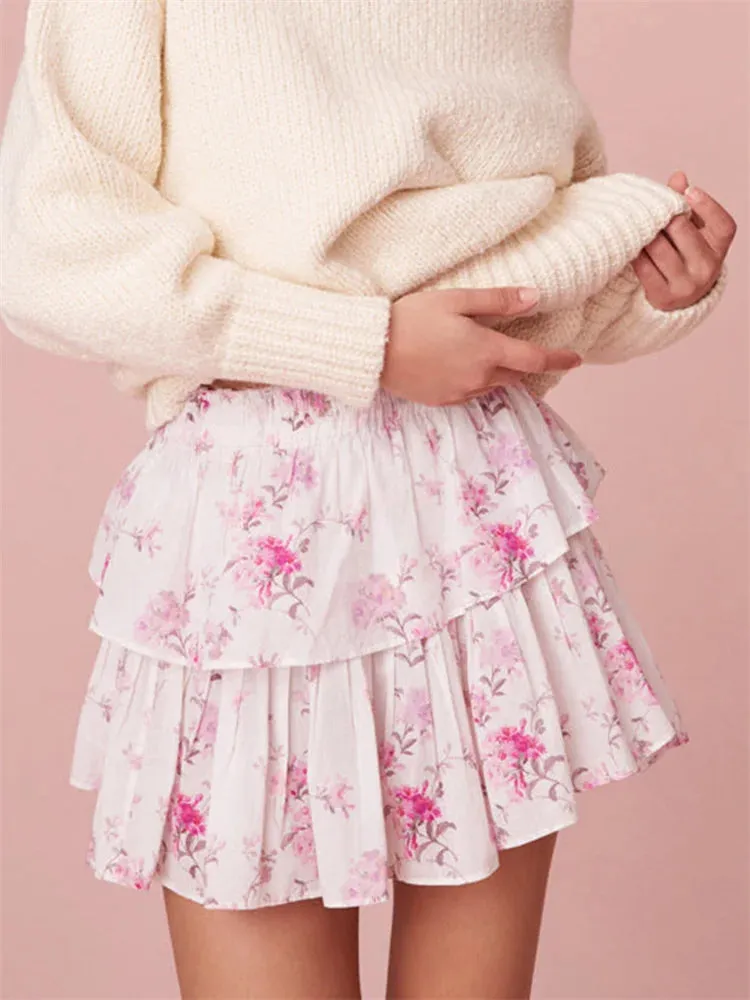 CHRONSTYLE Women Tiered Ruffle Short Mini Skirts Floral Print Elastic High Waist Floral Print Summer Retro Skirts 2024 Clubwear