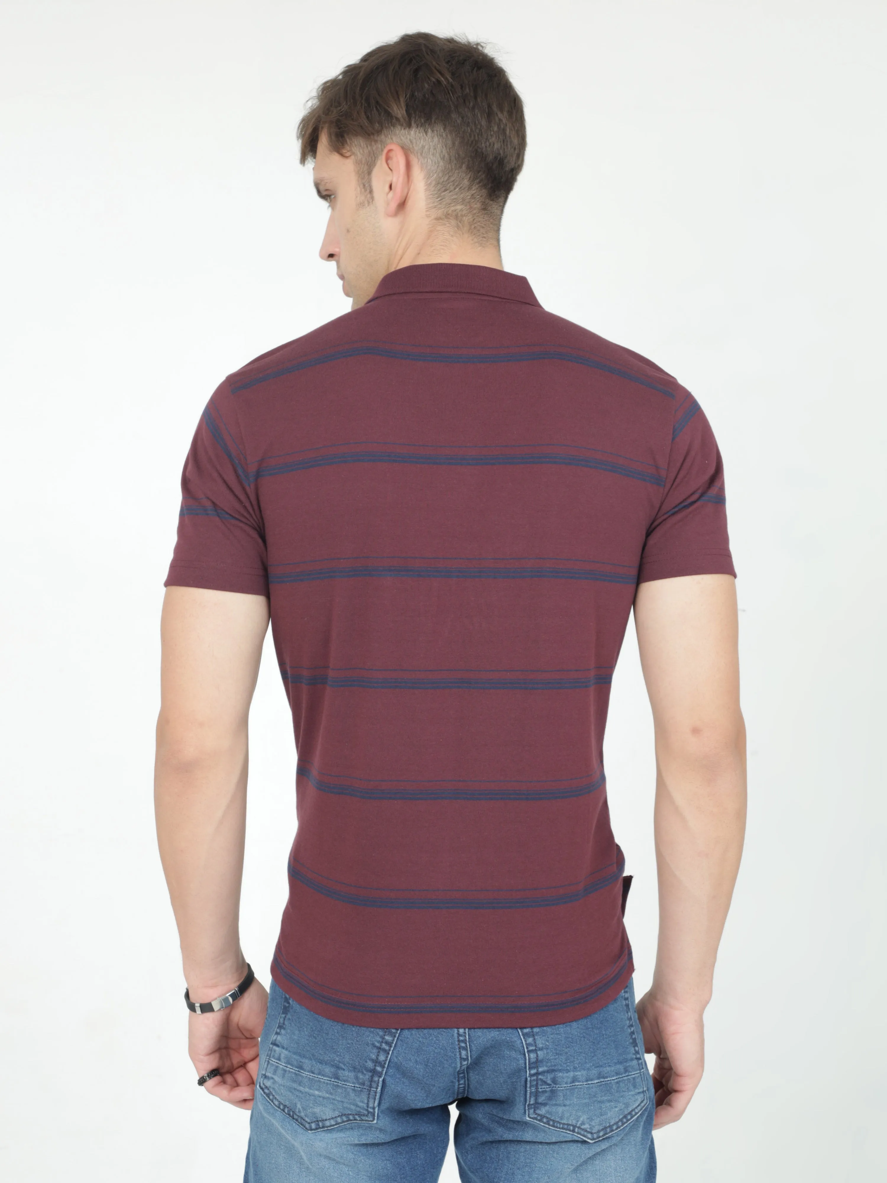 Classic Polo Mens Casual Burgundy Striped Cotton T-Shirt | F-AVON - 110 A AF P
