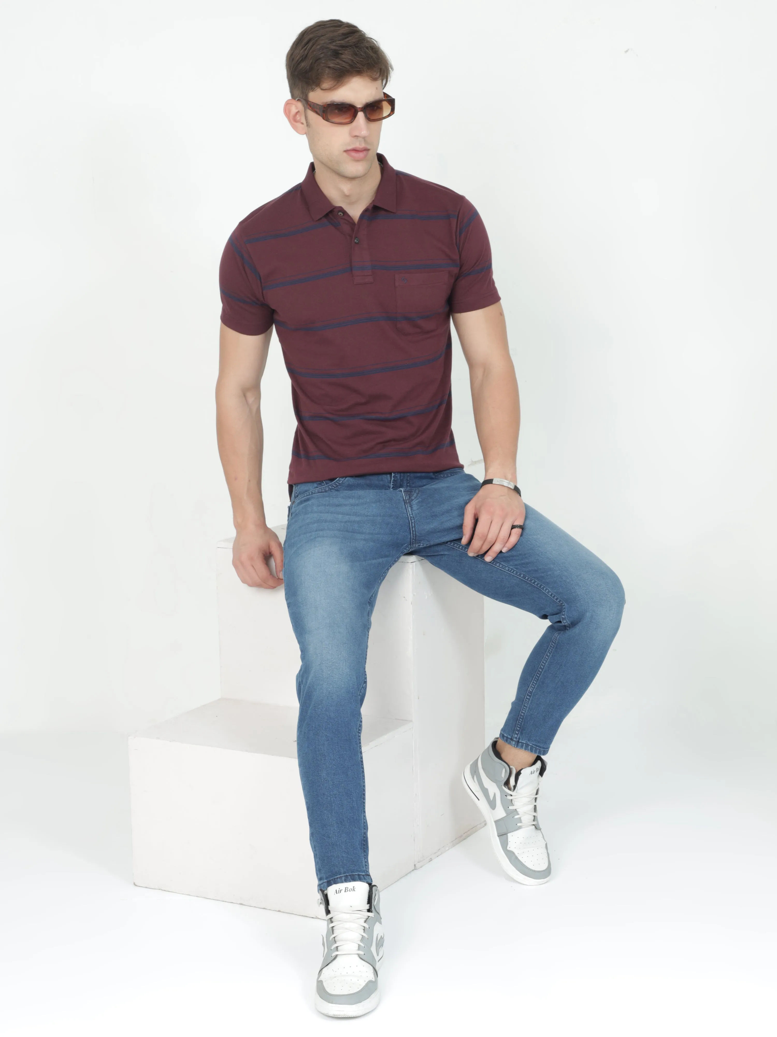 Classic Polo Mens Casual Burgundy Striped Cotton T-Shirt | F-AVON - 110 A AF P
