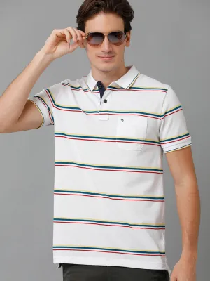 Classic Polo Men's Cotton Blend Striped Half Sleeve Slim Fit Polo Neck White Color T-Shirt | Adore - 191 A