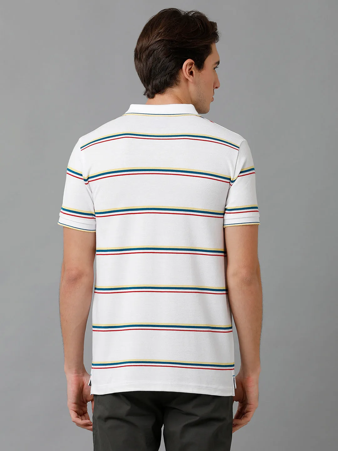 Classic Polo Men's Cotton Blend Striped Half Sleeve Slim Fit Polo Neck White Color T-Shirt | Adore - 191 A