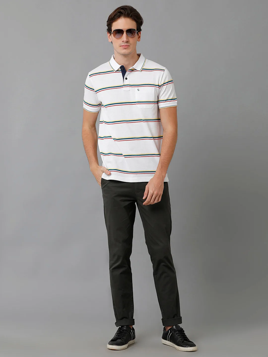 Classic Polo Men's Cotton Blend Striped Half Sleeve Slim Fit Polo Neck White Color T-Shirt | Adore - 191 A