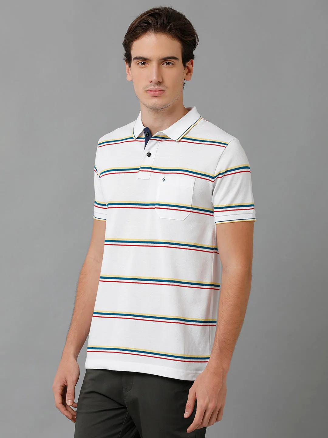 Classic Polo Men's Cotton Blend Striped Half Sleeve Slim Fit Polo Neck White Color T-Shirt | Adore - 191 A