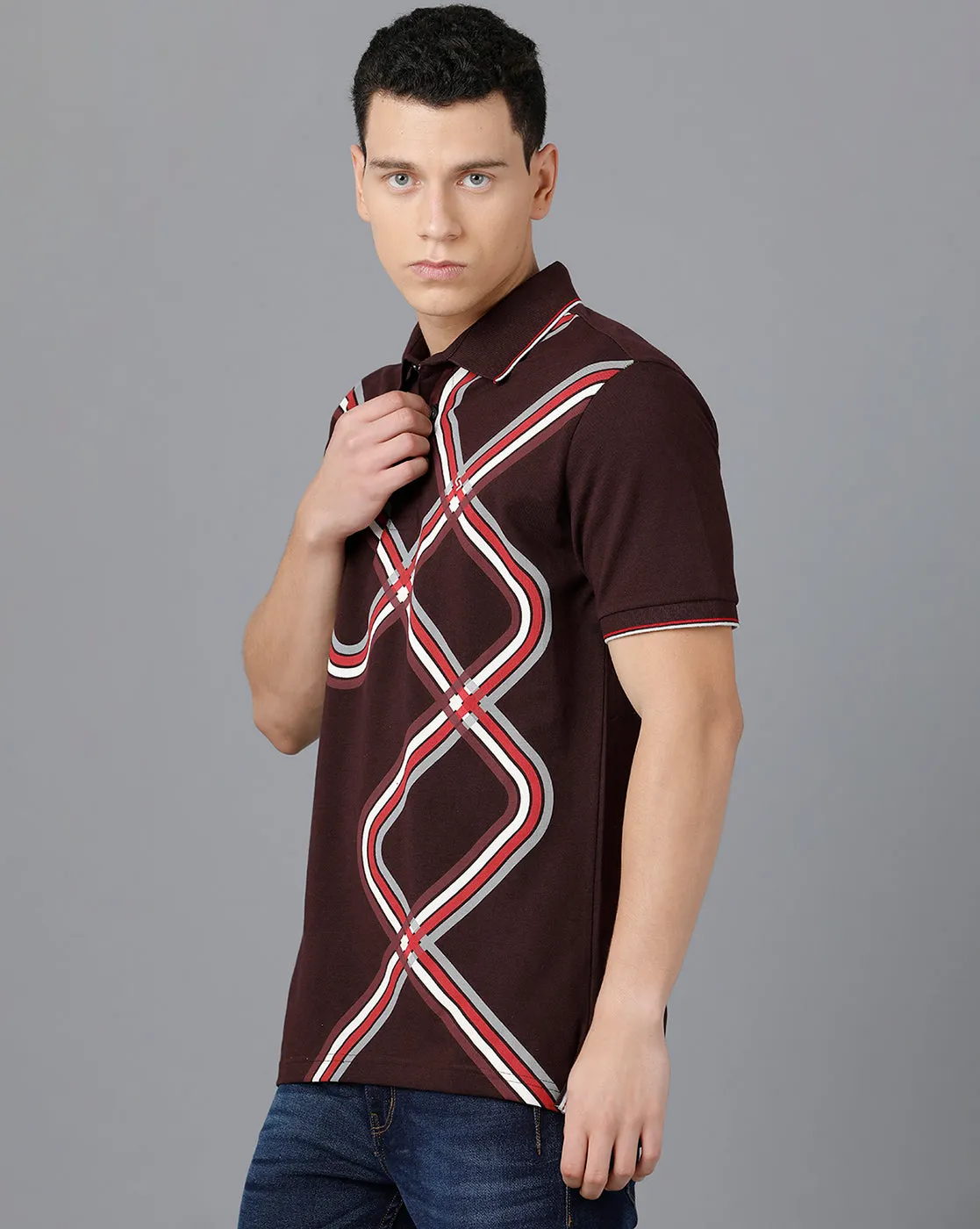 Classic Polo Men's Cotton Half Sleeve Printed Slim Fit Brown Color Polo Neck T-Shirt | HS-PRM - 02 A