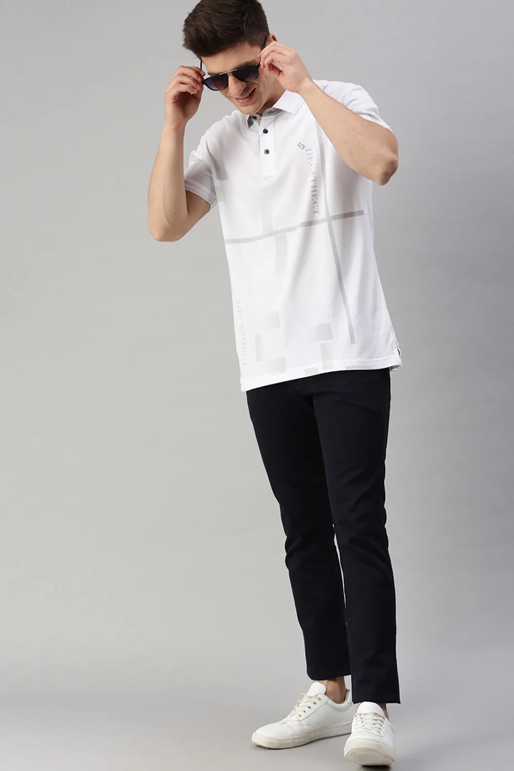 Classic Polo Men's Cotton Half Sleeve Printed Slim Fit Polo Neck White Color T-Shirt | Vivid Polo - 09 A