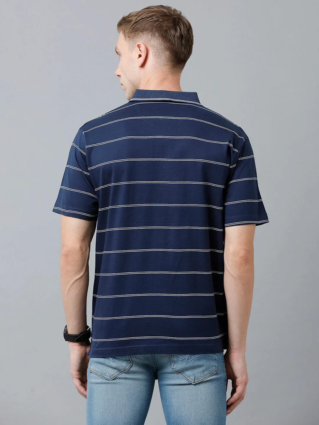 Classic Polo Men's Cotton Half Sleeve Striped Authentic Fit Polo Neck Dark Blue Color T-Shirt | Ap - 85 B