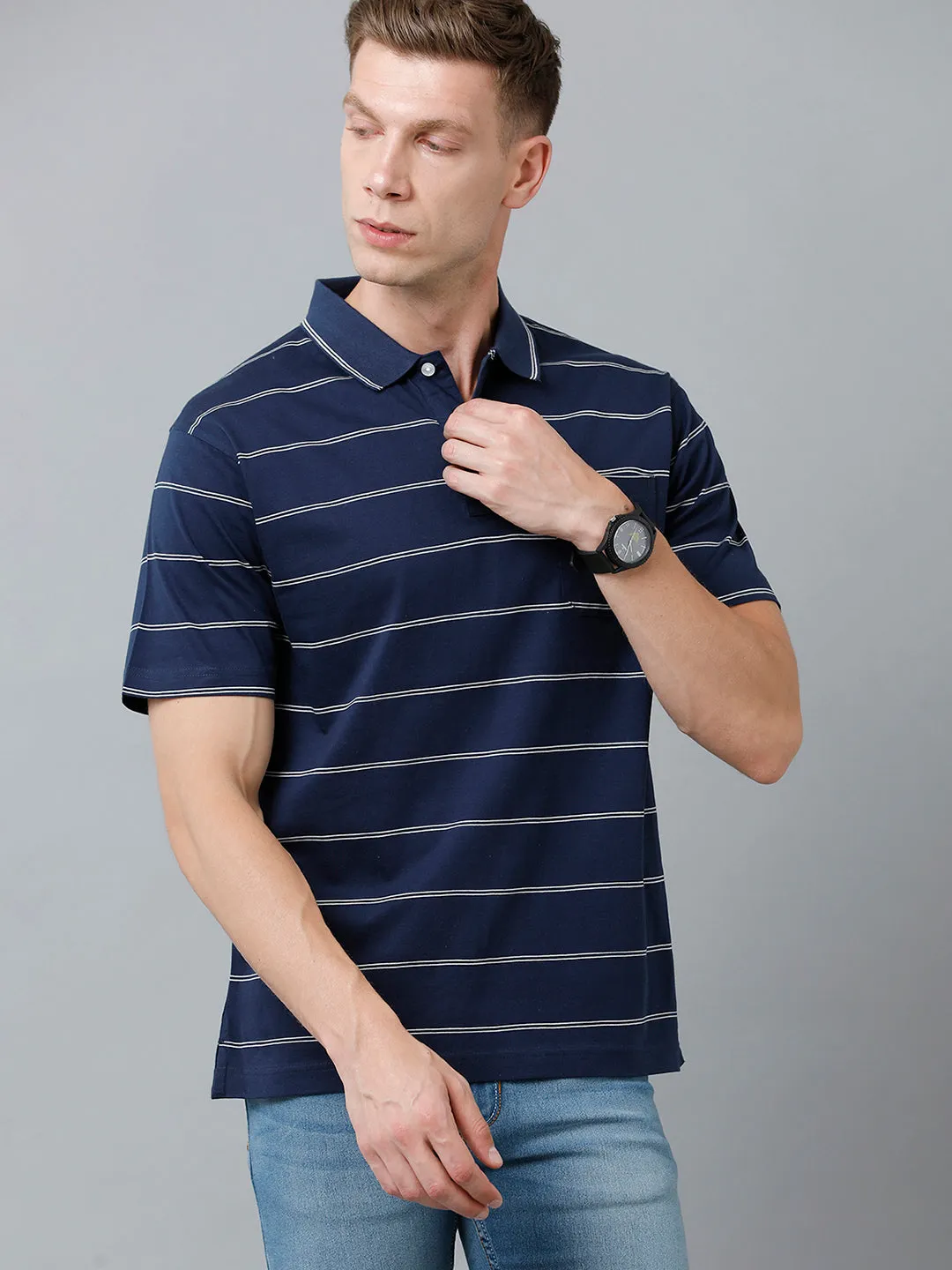 Classic Polo Men's Cotton Half Sleeve Striped Authentic Fit Polo Neck Dark Blue Color T-Shirt | Ap - 85 B