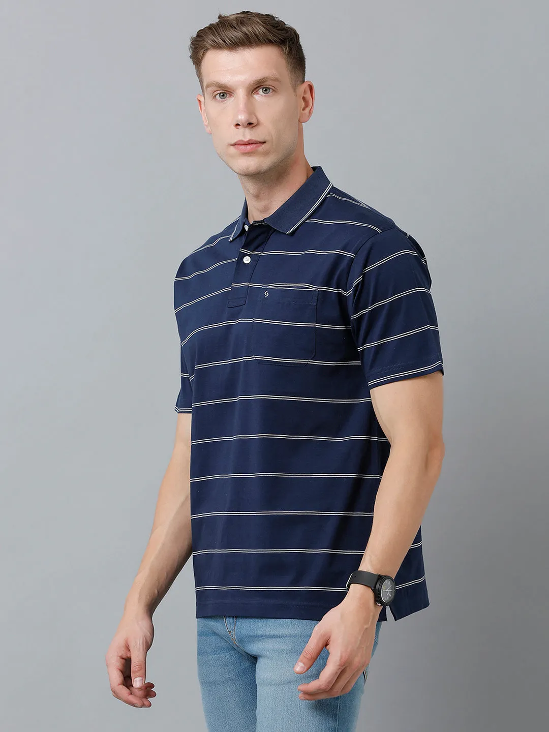 Classic Polo Men's Cotton Half Sleeve Striped Authentic Fit Polo Neck Dark Blue Color T-Shirt | Ap - 85 B