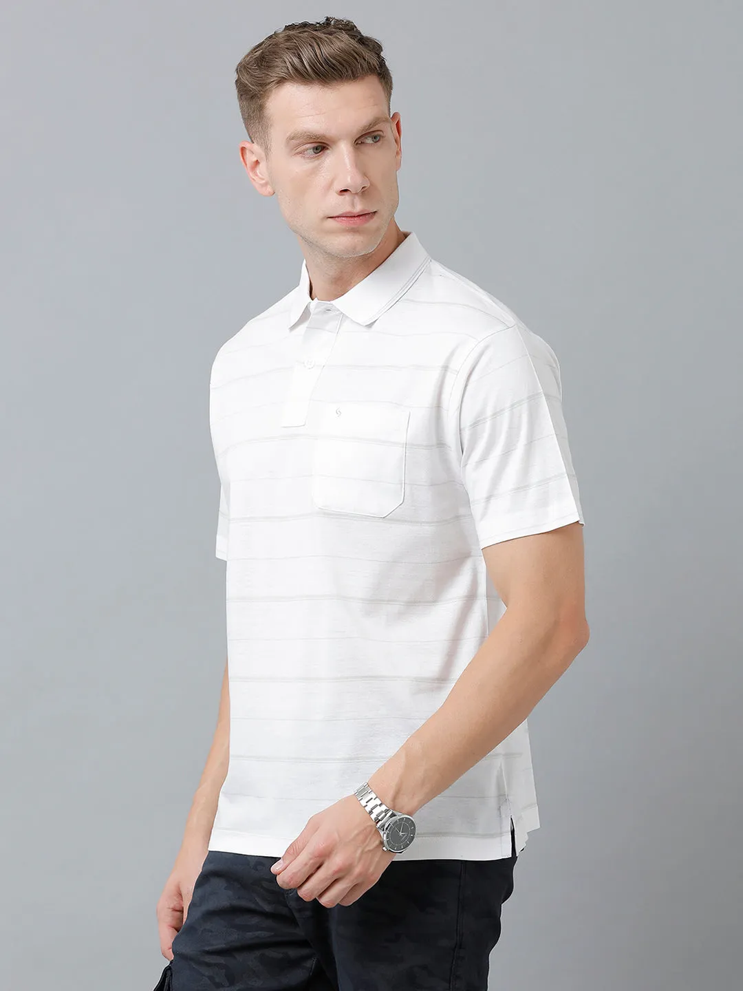 Classic Polo Men's Cotton Half Sleeve Striped Authentic Fit Polo Neck White Color T-Shirt | Ap - 81 A