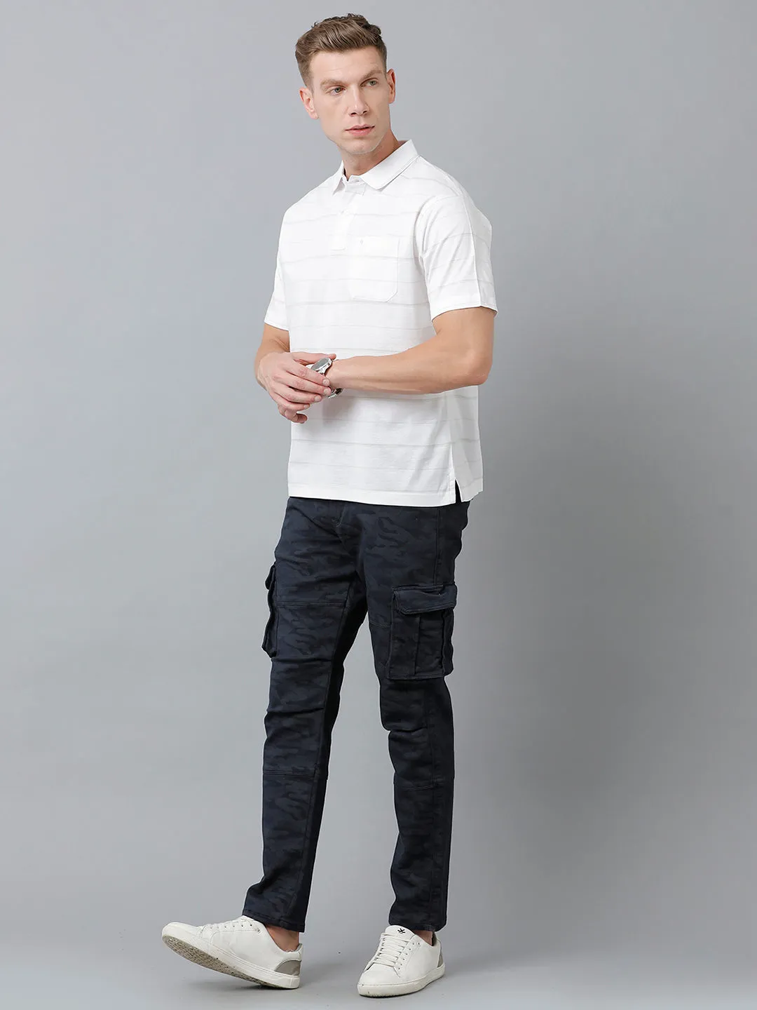 Classic Polo Men's Cotton Half Sleeve Striped Authentic Fit Polo Neck White Color T-Shirt | Ap - 81 A