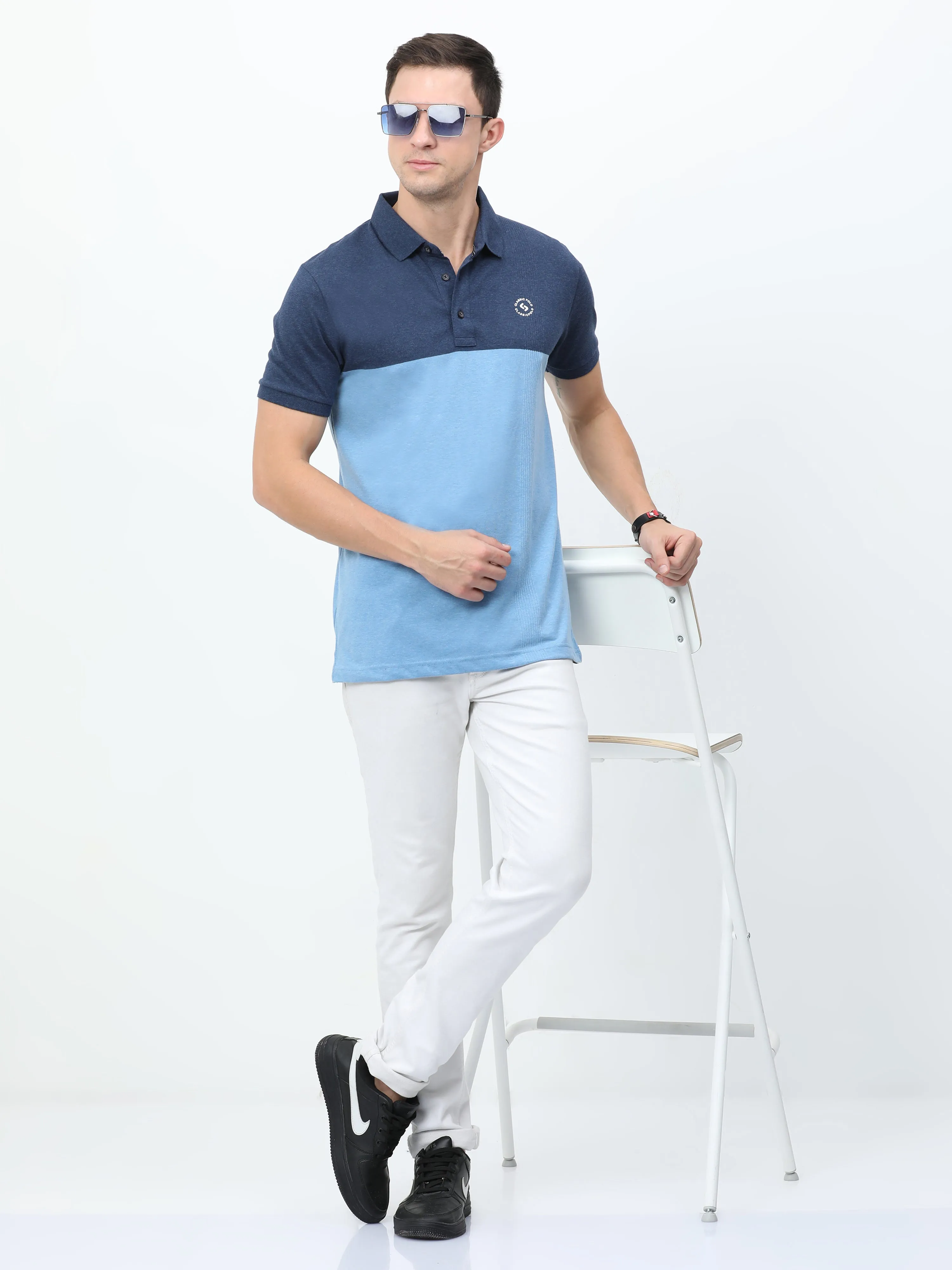 Classic Polo Mens Cotton Half Sleeves Color Blocked Slim Fit Polo Neck Aqua Color T-Shirt | Prm - 775 A Sf P
