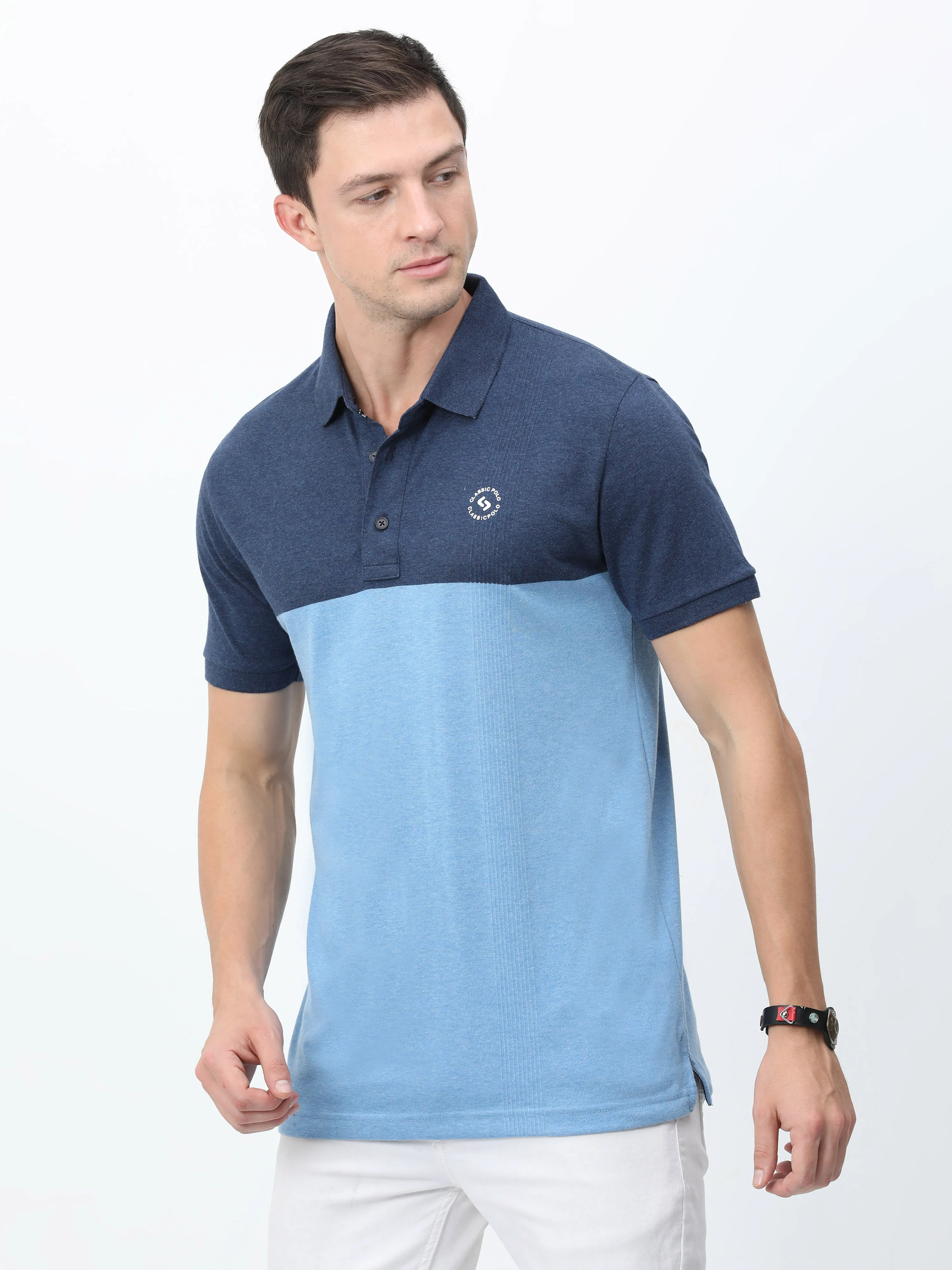 Classic Polo Mens Cotton Half Sleeves Color Blocked Slim Fit Polo Neck Aqua Color T-Shirt | Prm - 775 A Sf P